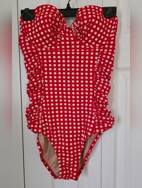 Jcrew Red White Polka Dot Ruched One-Piece Strapless Swimsuit